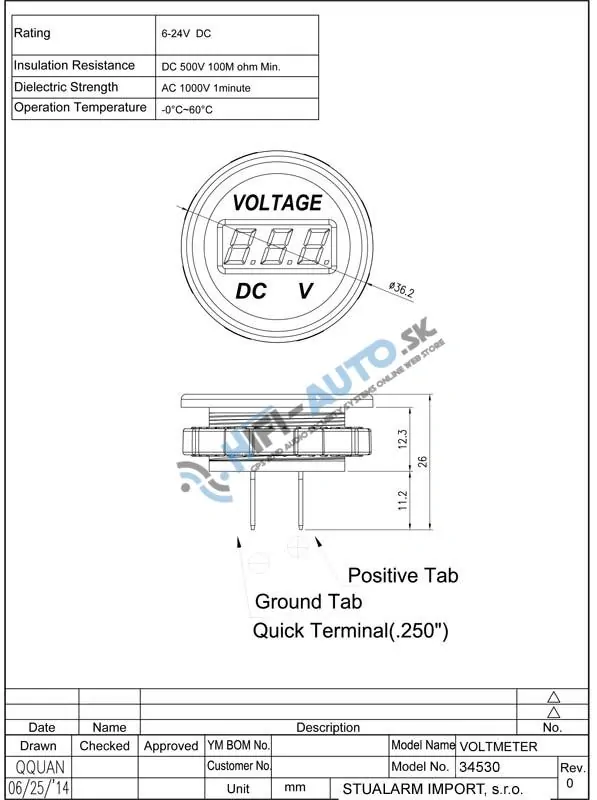 Digitálny voltmeter 5-48V červený